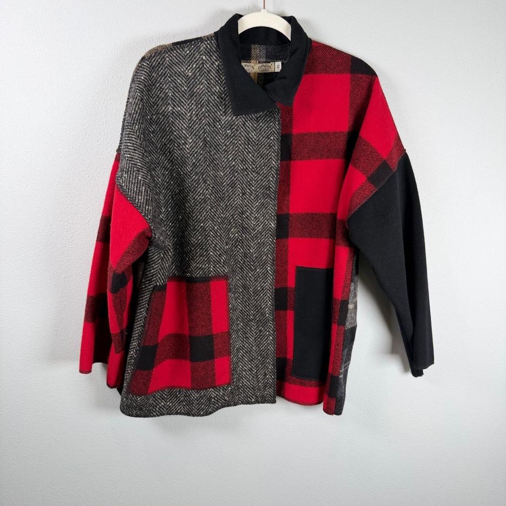 Cameleon 100% Wool Patchwork Jacket Womens XS Red Black Plaid Herringbone Coat
